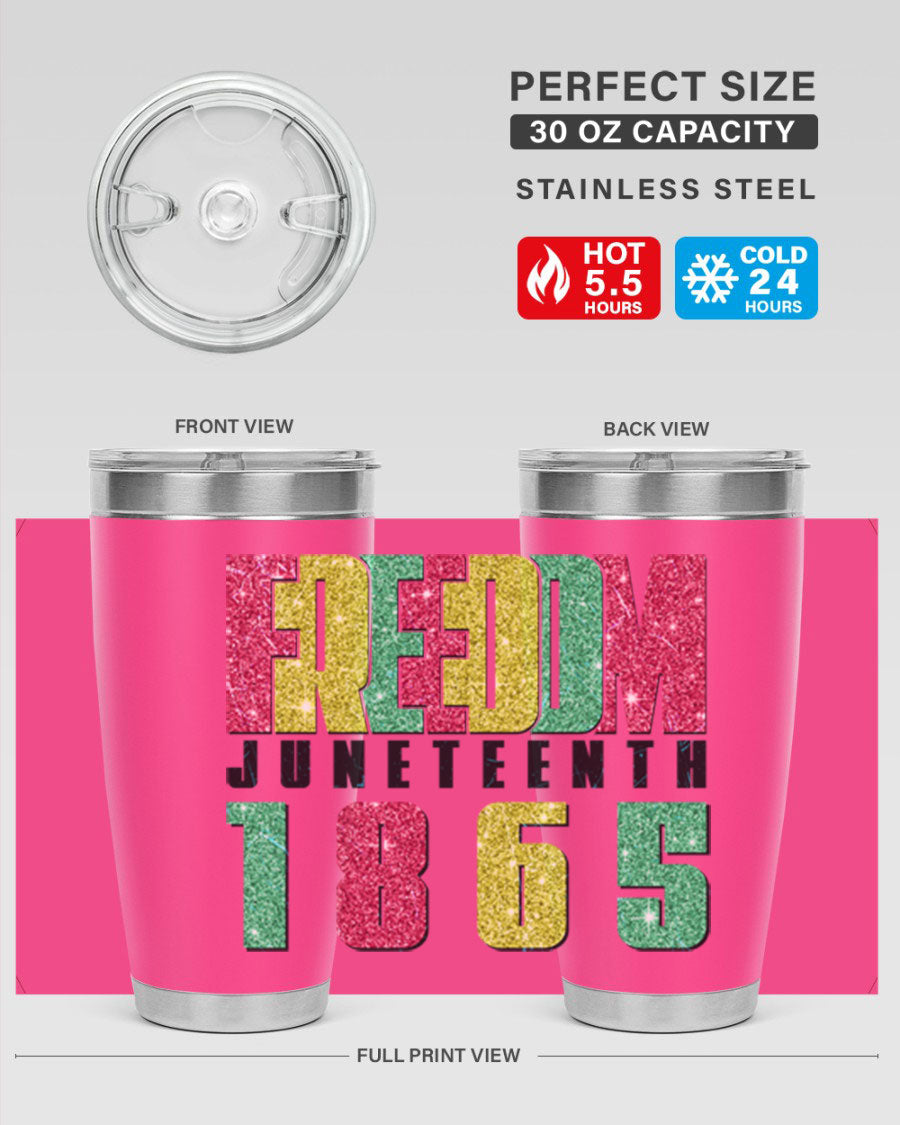 Freedom Juneteenth tumbler featuring a vibrant design celebrating Juneteenth, made of stainless steel with a drink-thru lid.