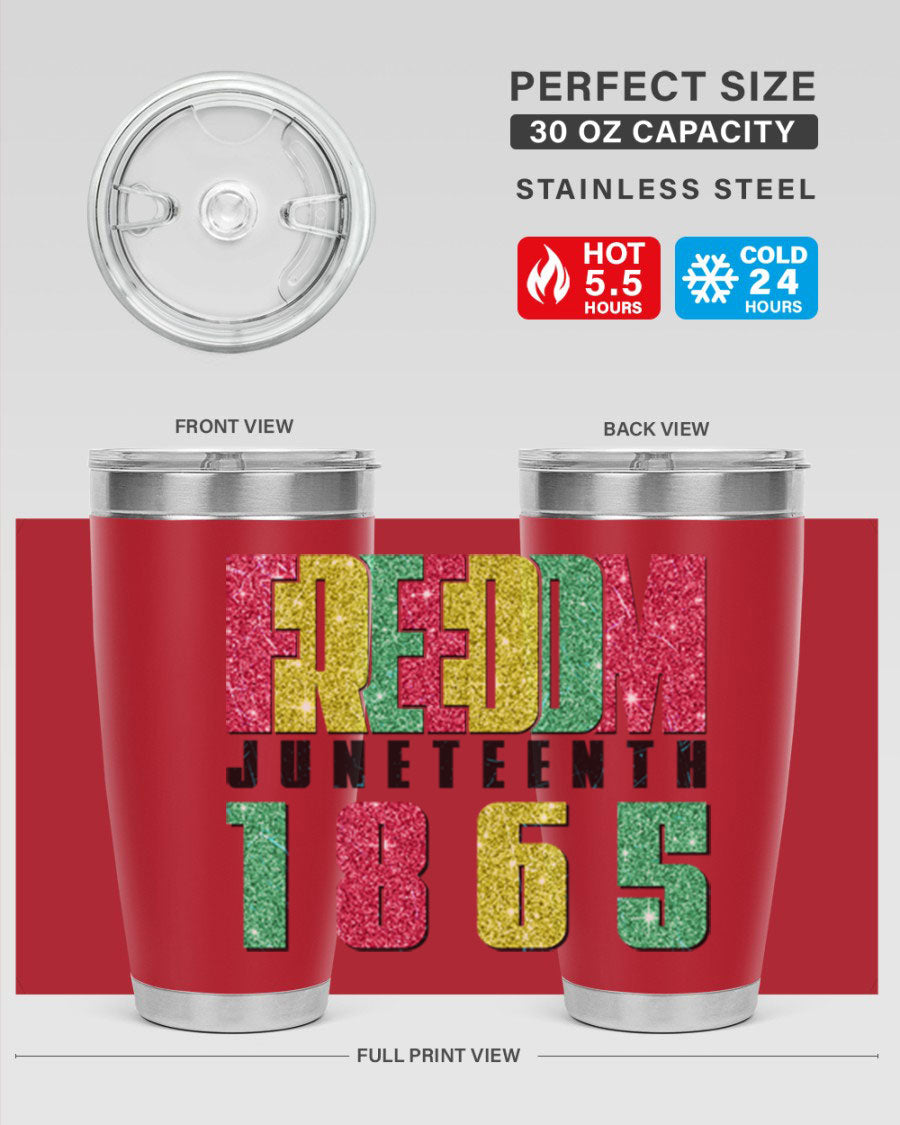 Freedom Juneteenth tumbler featuring a vibrant design celebrating Juneteenth, made of stainless steel with a drink-thru lid.