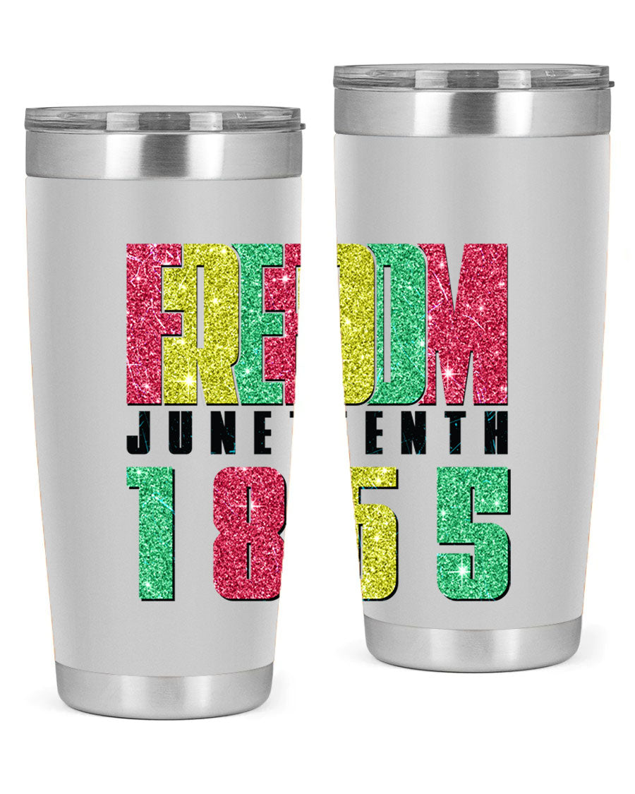 Freedom Juneteenth tumbler featuring a vibrant design celebrating Juneteenth, made of stainless steel with a drink-thru lid.