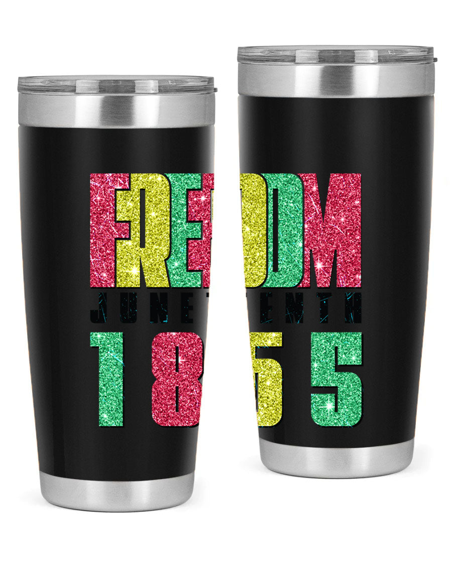 Freedom Juneteenth tumbler featuring a vibrant design celebrating Juneteenth, made of stainless steel with a drink-thru lid.