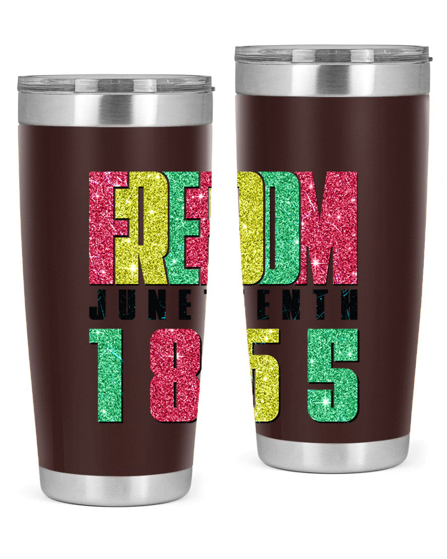 Freedom Juneteenth tumbler featuring a vibrant design celebrating Juneteenth, made of stainless steel with a drink-thru lid.