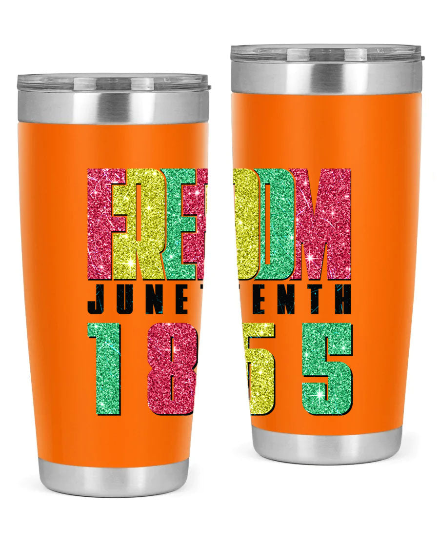 Freedom Juneteenth tumbler featuring a vibrant design celebrating Juneteenth, made of stainless steel with a drink-thru lid.