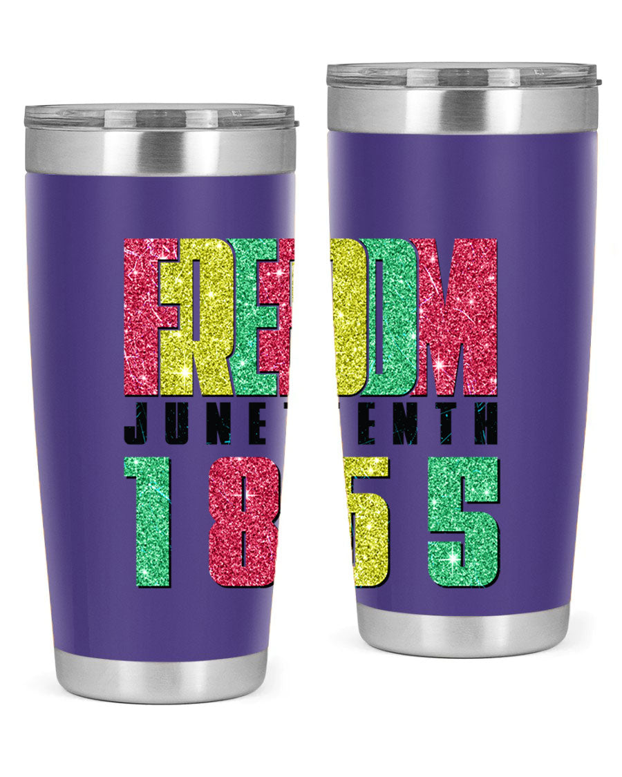 Freedom Juneteenth tumbler featuring a vibrant design celebrating Juneteenth, made of stainless steel with a drink-thru lid.