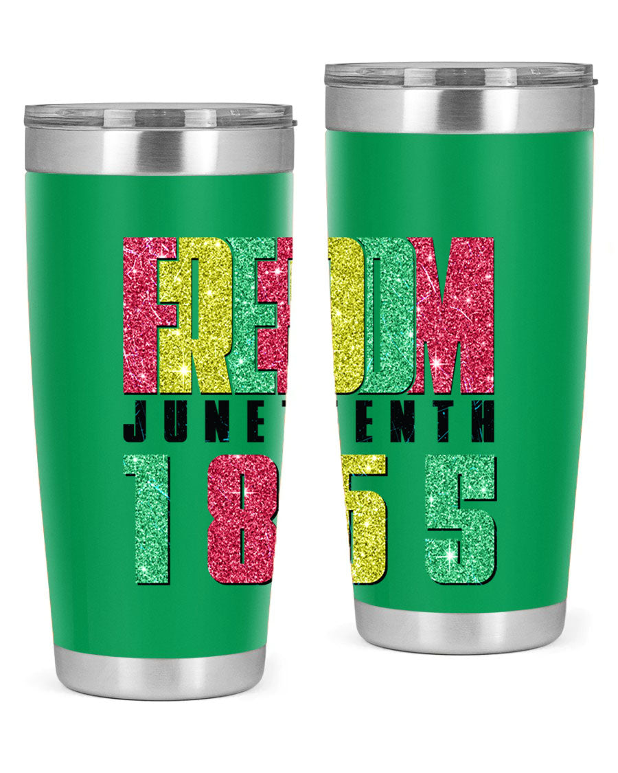 Freedom Juneteenth tumbler featuring a vibrant design celebrating Juneteenth, made of stainless steel with a drink-thru lid.