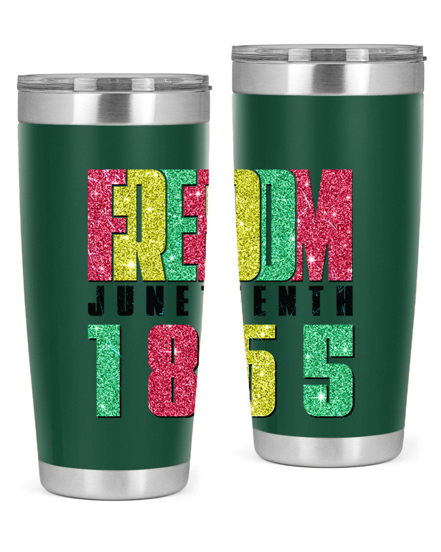 Freedom Juneteenth tumbler featuring a vibrant design celebrating Juneteenth, made of stainless steel with a drink-thru lid.
