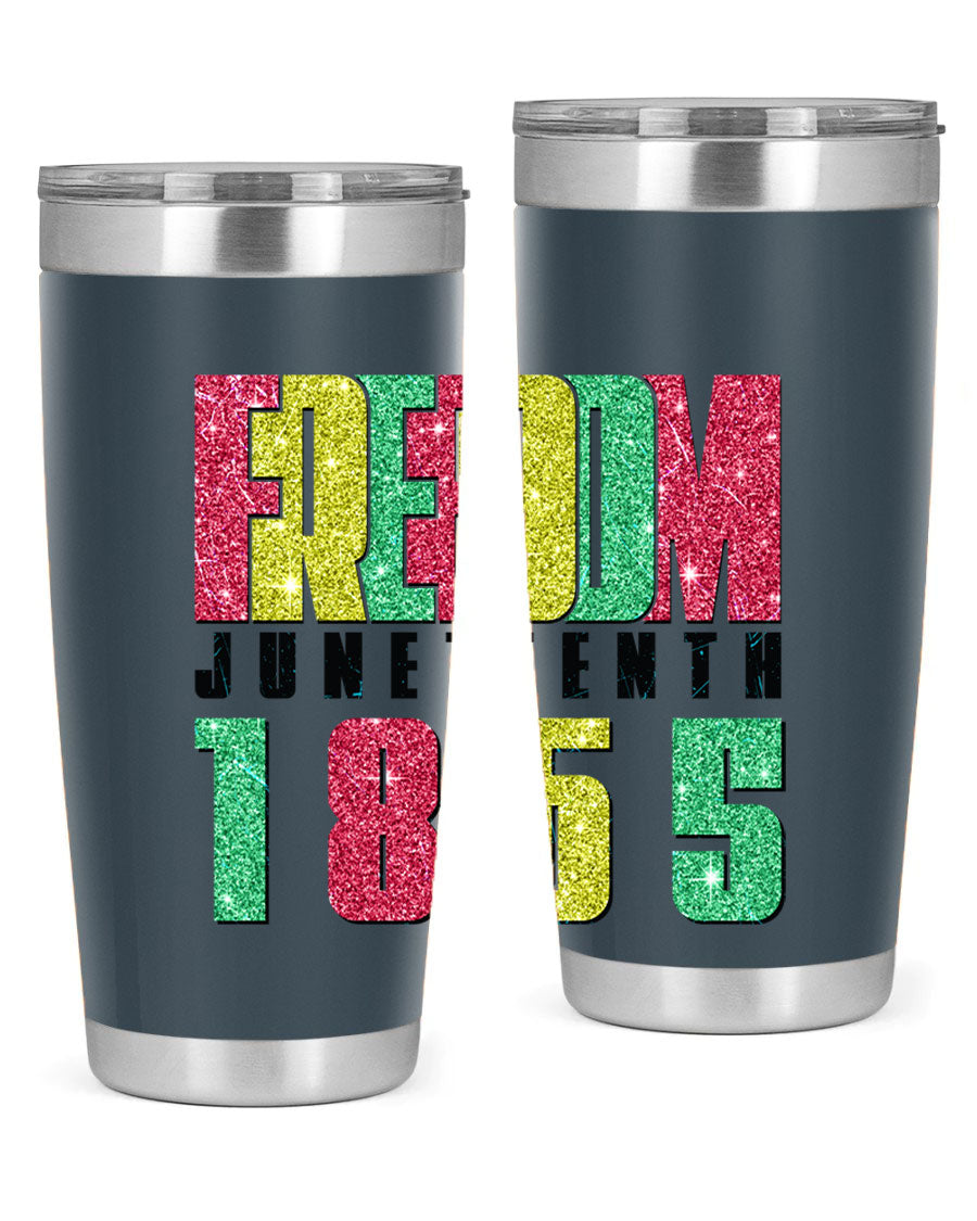 Freedom Juneteenth tumbler featuring a vibrant design celebrating Juneteenth, made of stainless steel with a drink-thru lid.