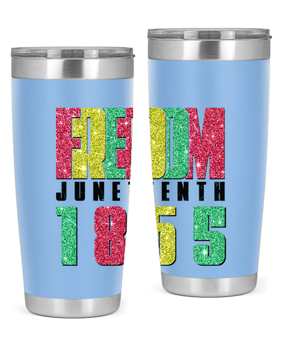 Freedom Juneteenth tumbler featuring a vibrant design celebrating Juneteenth, made of stainless steel with a drink-thru lid.