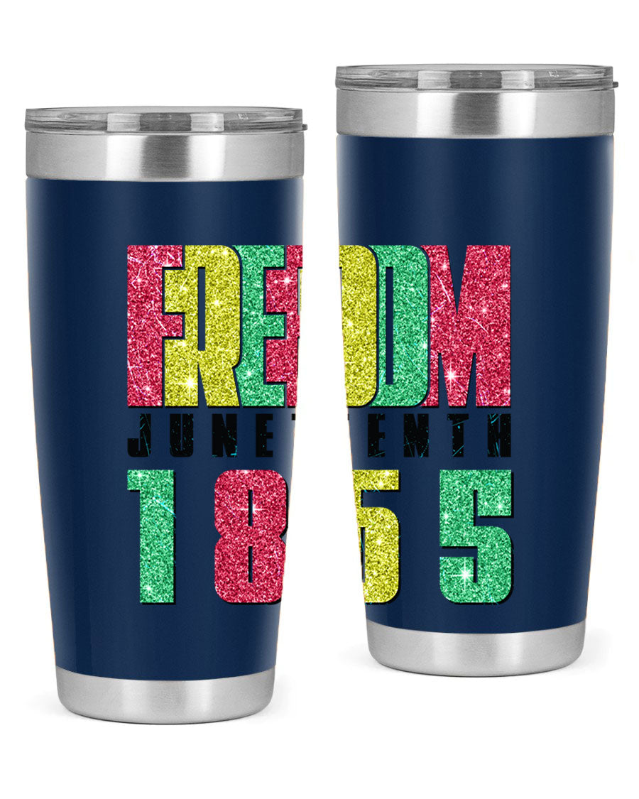 Freedom Juneteenth tumbler featuring a vibrant design celebrating Juneteenth, made of stainless steel with a drink-thru lid.