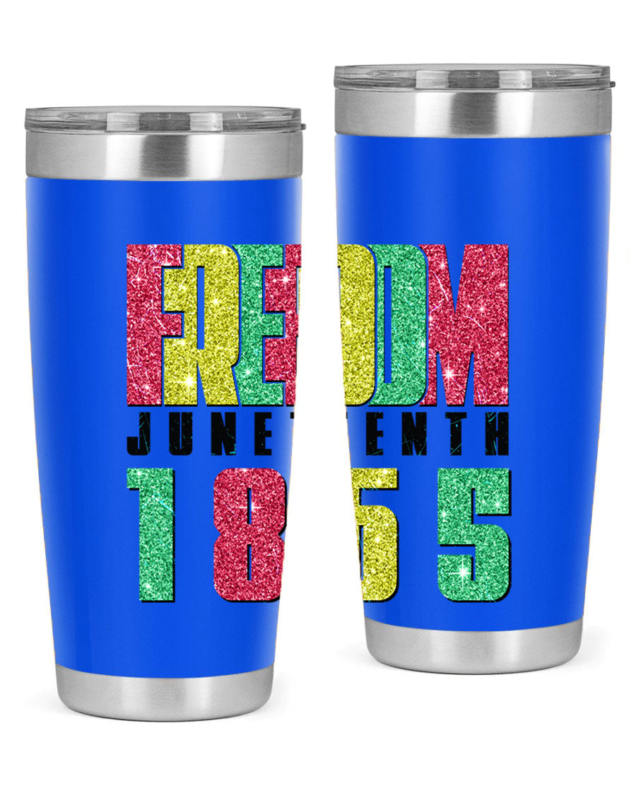 Freedom Juneteenth tumbler featuring a vibrant design celebrating Juneteenth, made of stainless steel with a drink-thru lid.