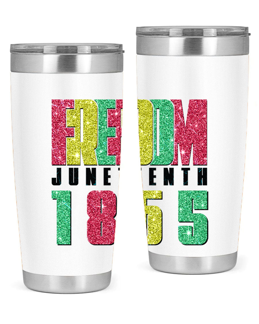 Freedom Juneteenth tumbler featuring a vibrant design celebrating Juneteenth, made of stainless steel with a drink-thru lid.