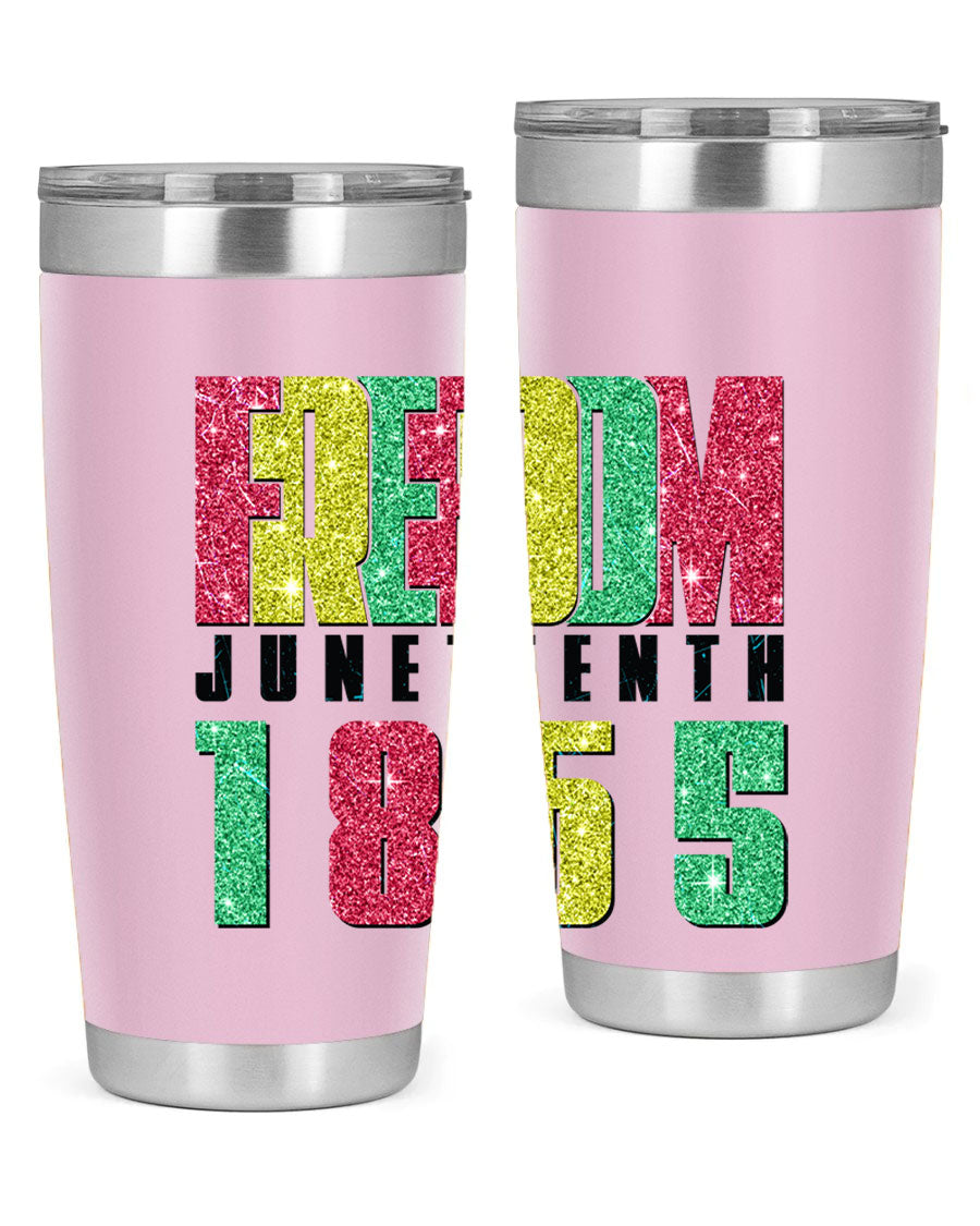 Freedom Juneteenth tumbler featuring a vibrant design celebrating Juneteenth, made of stainless steel with a drink-thru lid.