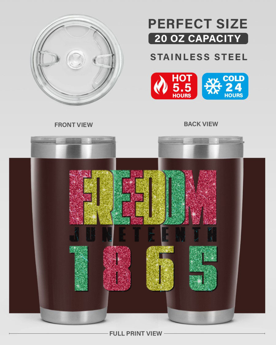 Freedom Juneteenth tumbler featuring a vibrant design celebrating Juneteenth, made of stainless steel with a drink-thru lid.