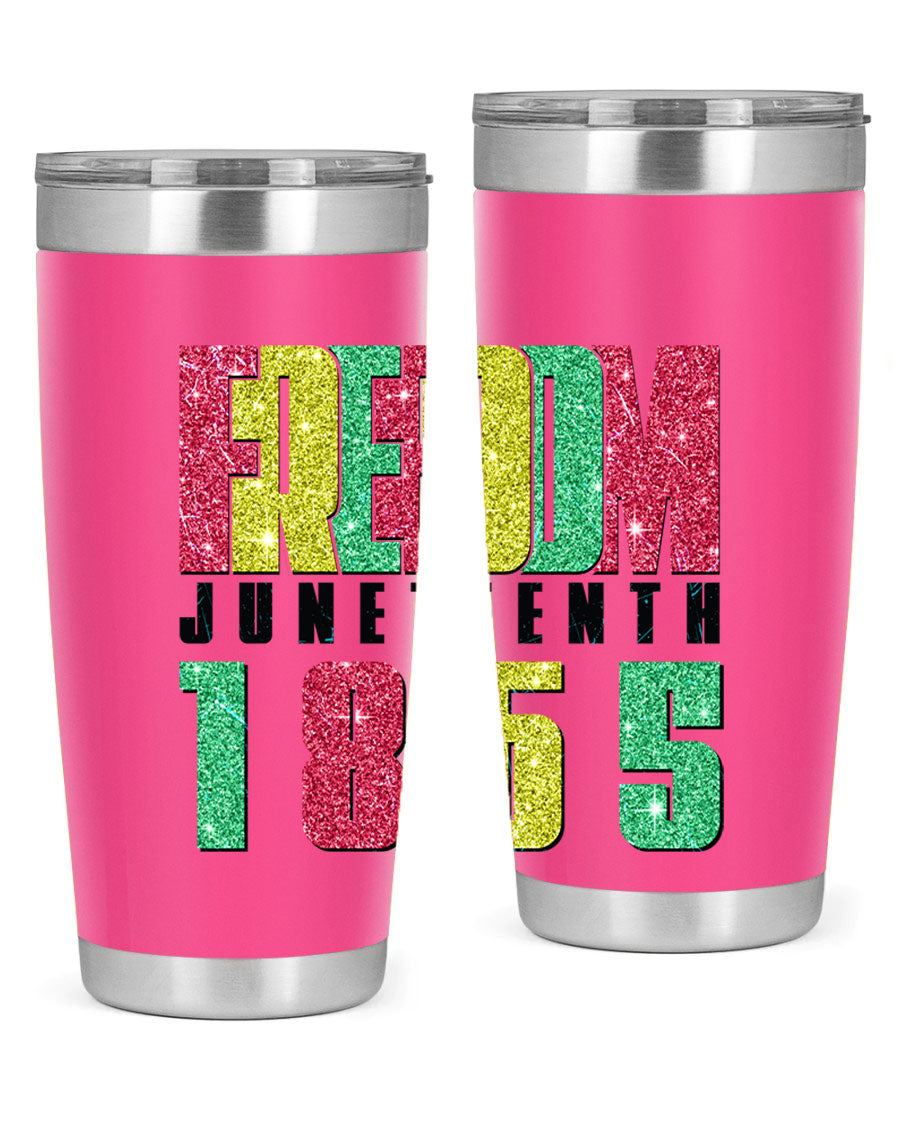 Freedom Juneteenth tumbler featuring a vibrant design celebrating Juneteenth, made of stainless steel with a drink-thru lid.