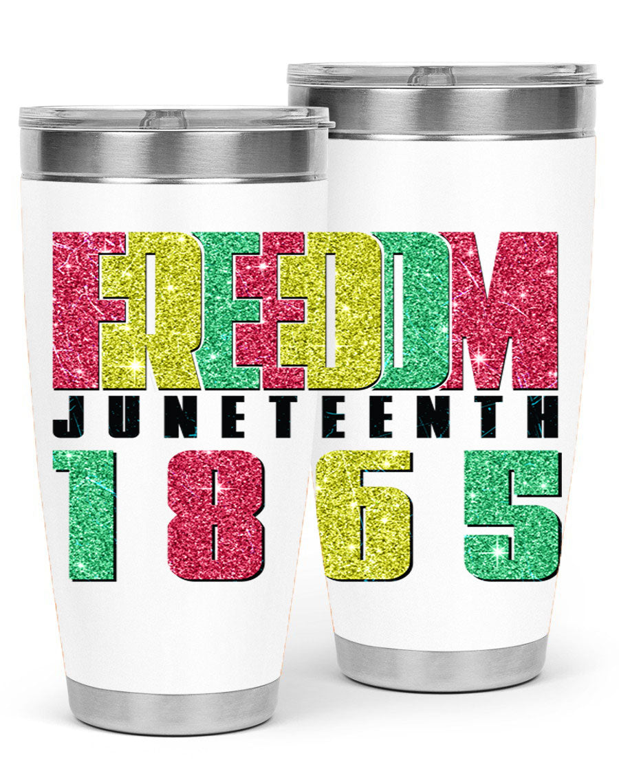 Freedom Juneteenth tumbler featuring a vibrant design celebrating Juneteenth, made of stainless steel with a drink-thru lid.