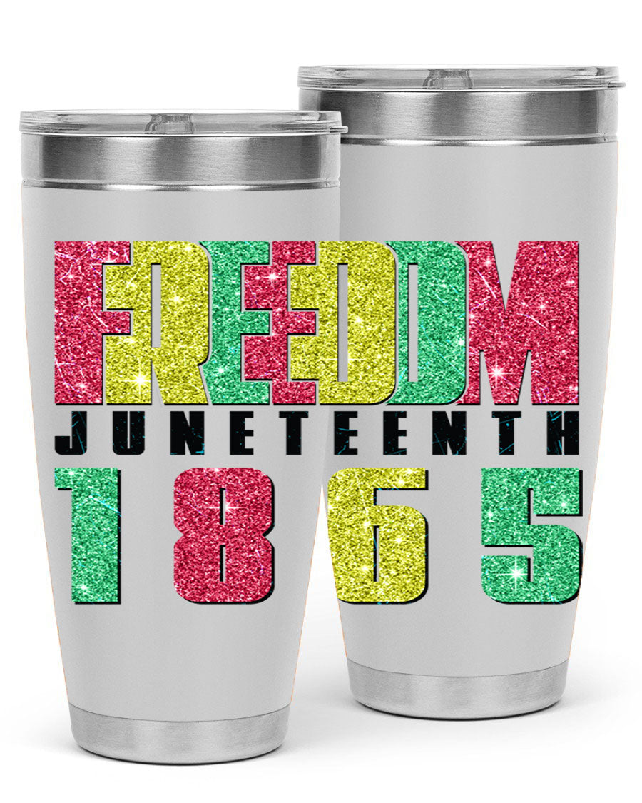 Freedom Juneteenth tumbler featuring a vibrant design celebrating Juneteenth, made of stainless steel with a drink-thru lid.