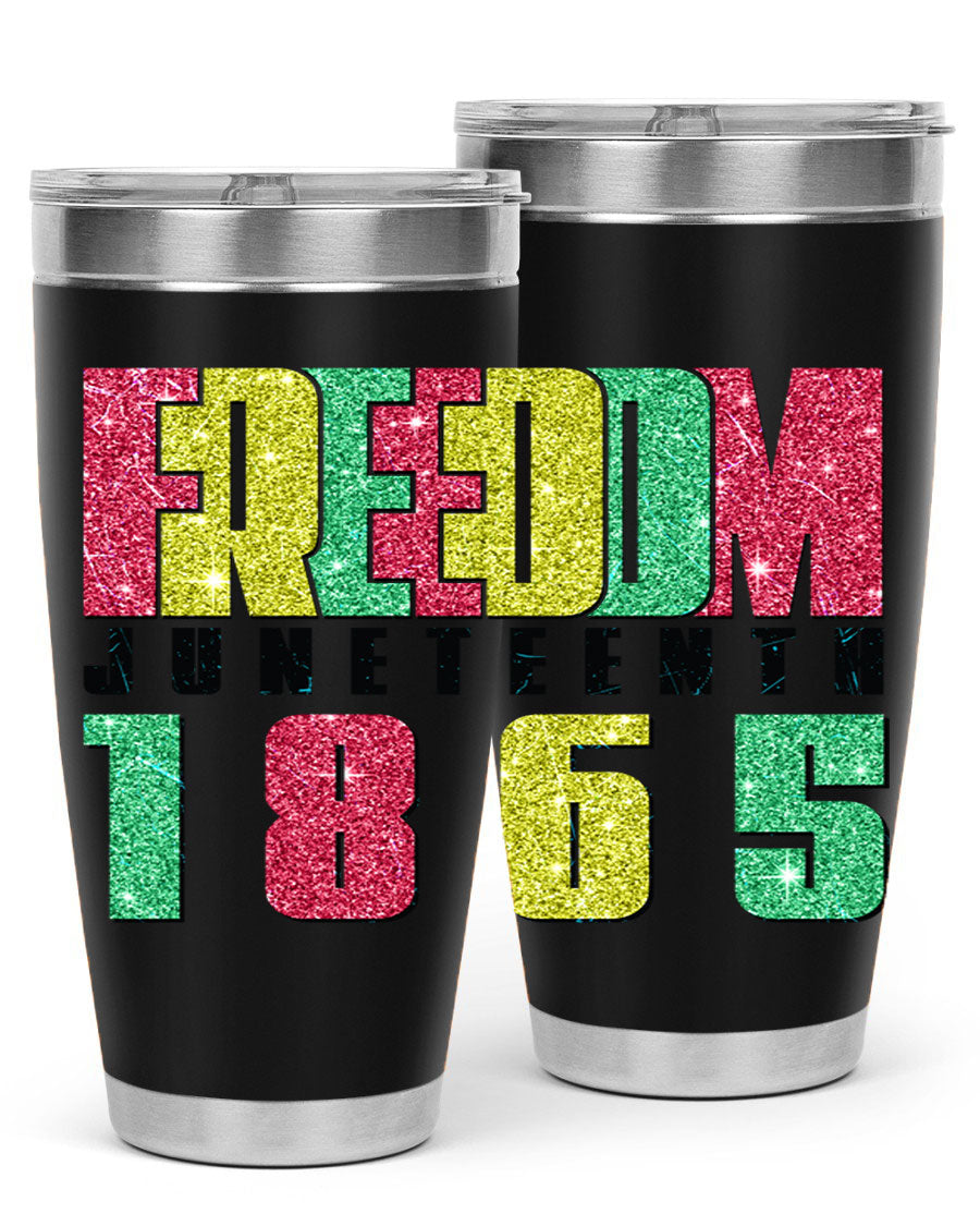 Freedom Juneteenth tumbler featuring a vibrant design celebrating Juneteenth, made of stainless steel with a drink-thru lid.