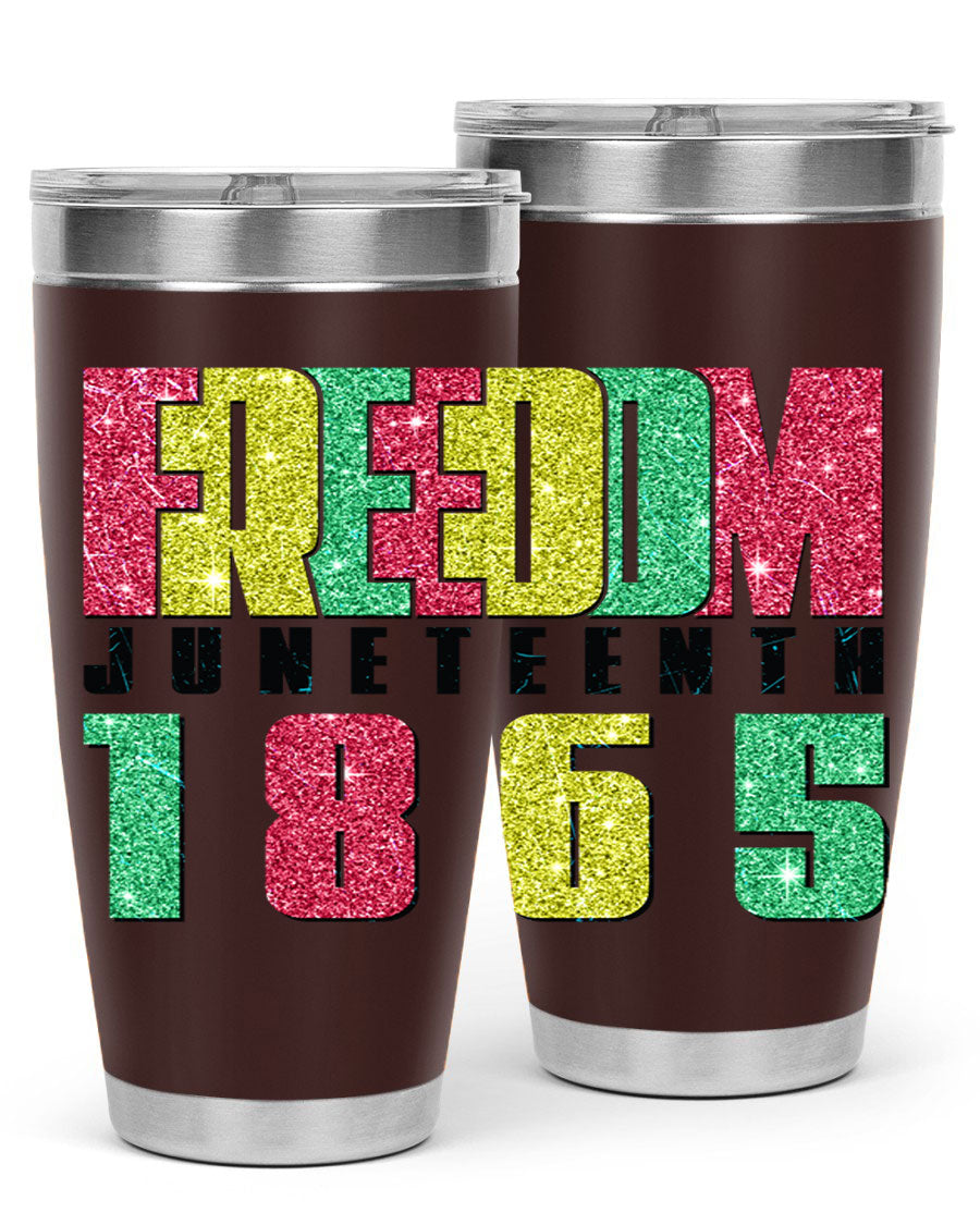 Freedom Juneteenth tumbler featuring a vibrant design celebrating Juneteenth, made of stainless steel with a drink-thru lid.