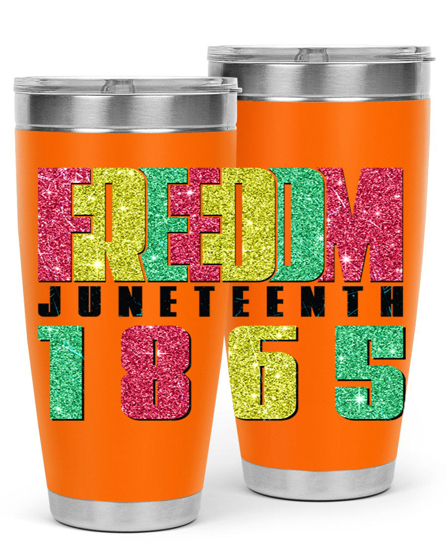 Freedom Juneteenth tumbler featuring a vibrant design celebrating Juneteenth, made of stainless steel with a drink-thru lid.