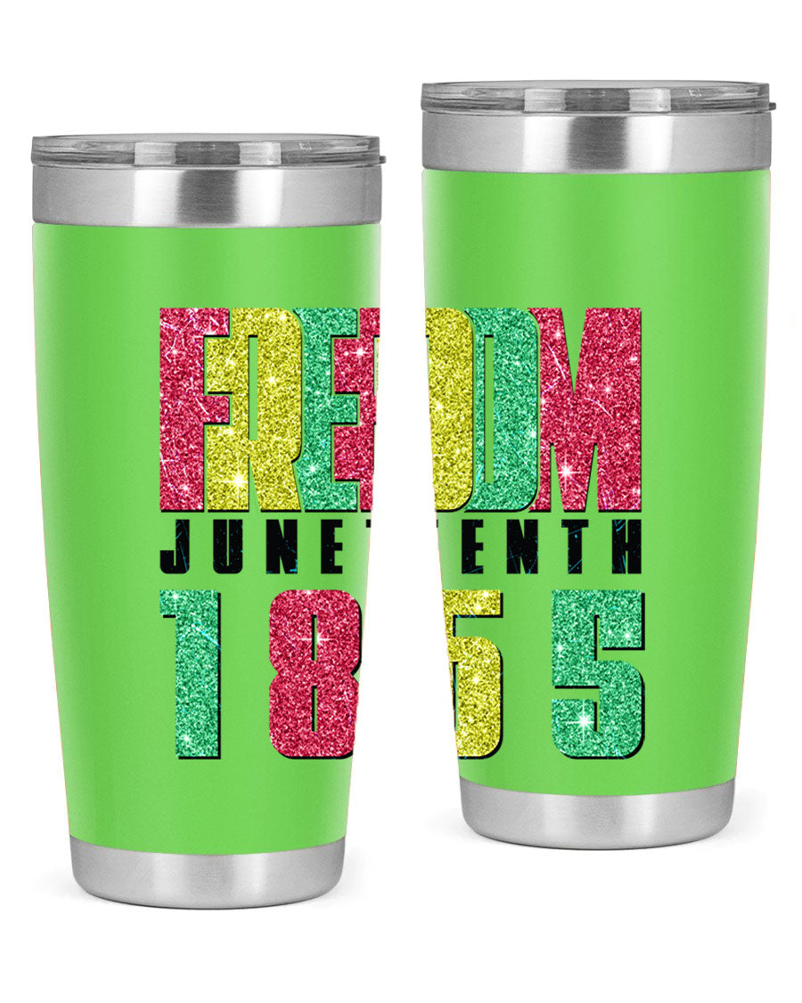 Freedom Juneteenth tumbler featuring a vibrant design celebrating Juneteenth, made of stainless steel with a drink-thru lid.