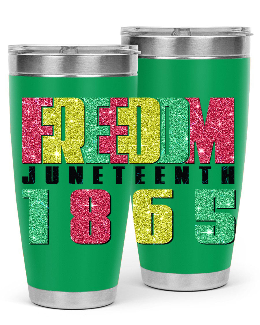 Freedom Juneteenth tumbler featuring a vibrant design celebrating Juneteenth, made of stainless steel with a drink-thru lid.