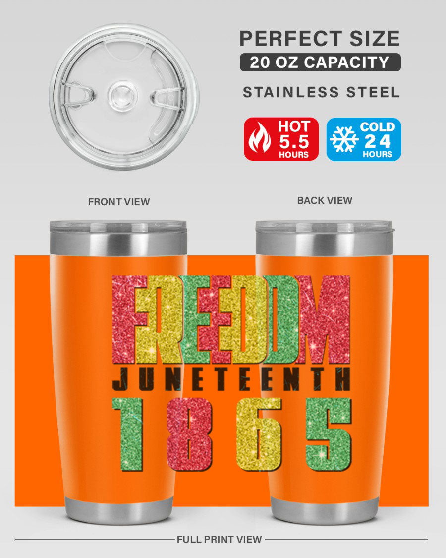 Freedom Juneteenth tumbler featuring a vibrant design celebrating Juneteenth, made of stainless steel with a drink-thru lid.