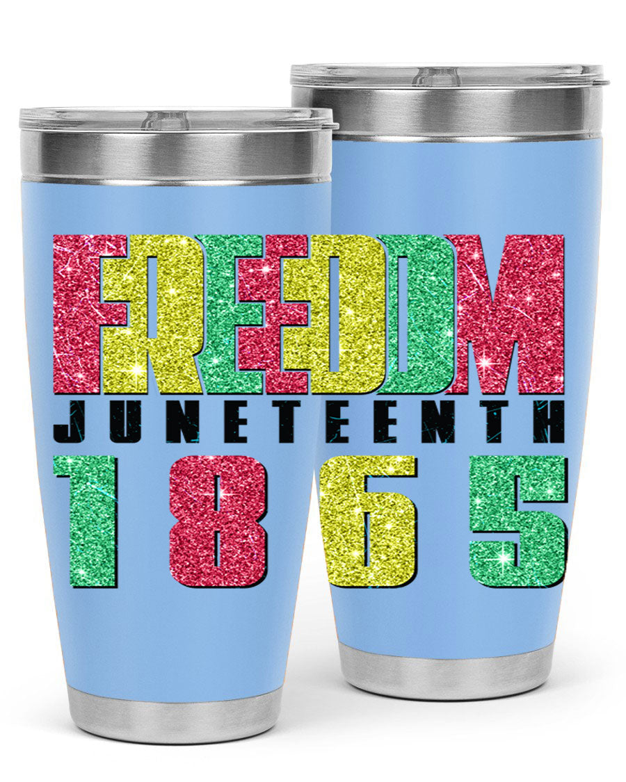 Freedom Juneteenth tumbler featuring a vibrant design celebrating Juneteenth, made of stainless steel with a drink-thru lid.