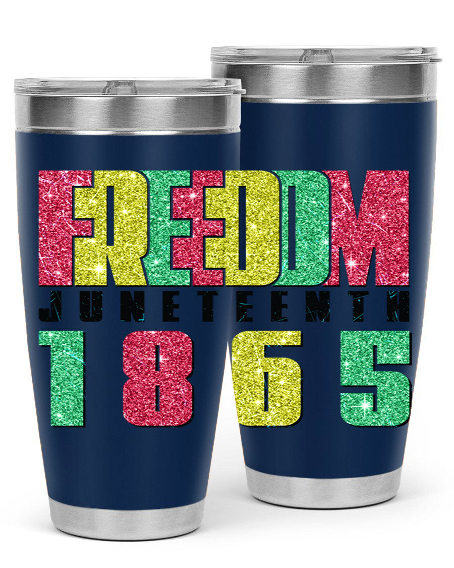 Freedom Juneteenth tumbler featuring a vibrant design celebrating Juneteenth, made of stainless steel with a drink-thru lid.