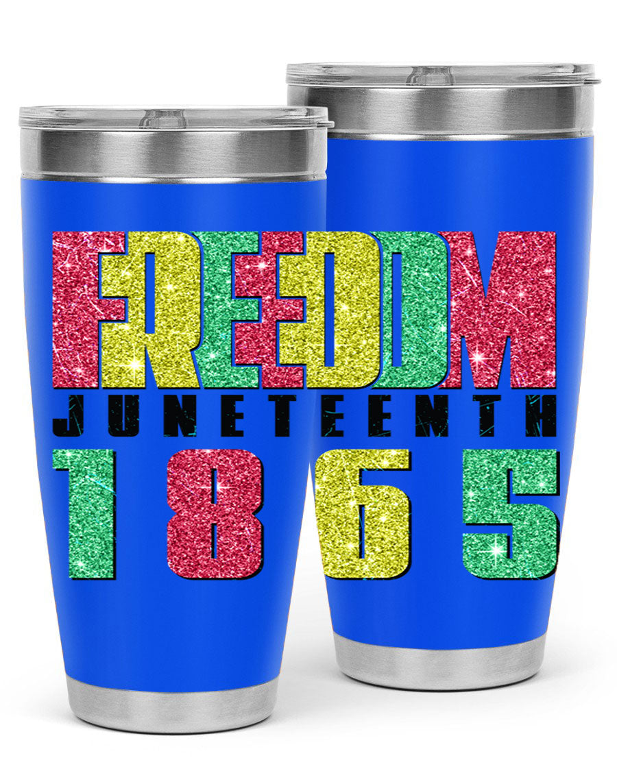Freedom Juneteenth tumbler featuring a vibrant design celebrating Juneteenth, made of stainless steel with a drink-thru lid.