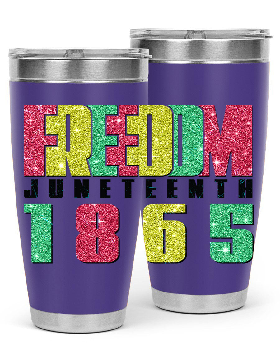 Freedom Juneteenth tumbler featuring a vibrant design celebrating Juneteenth, made of stainless steel with a drink-thru lid.