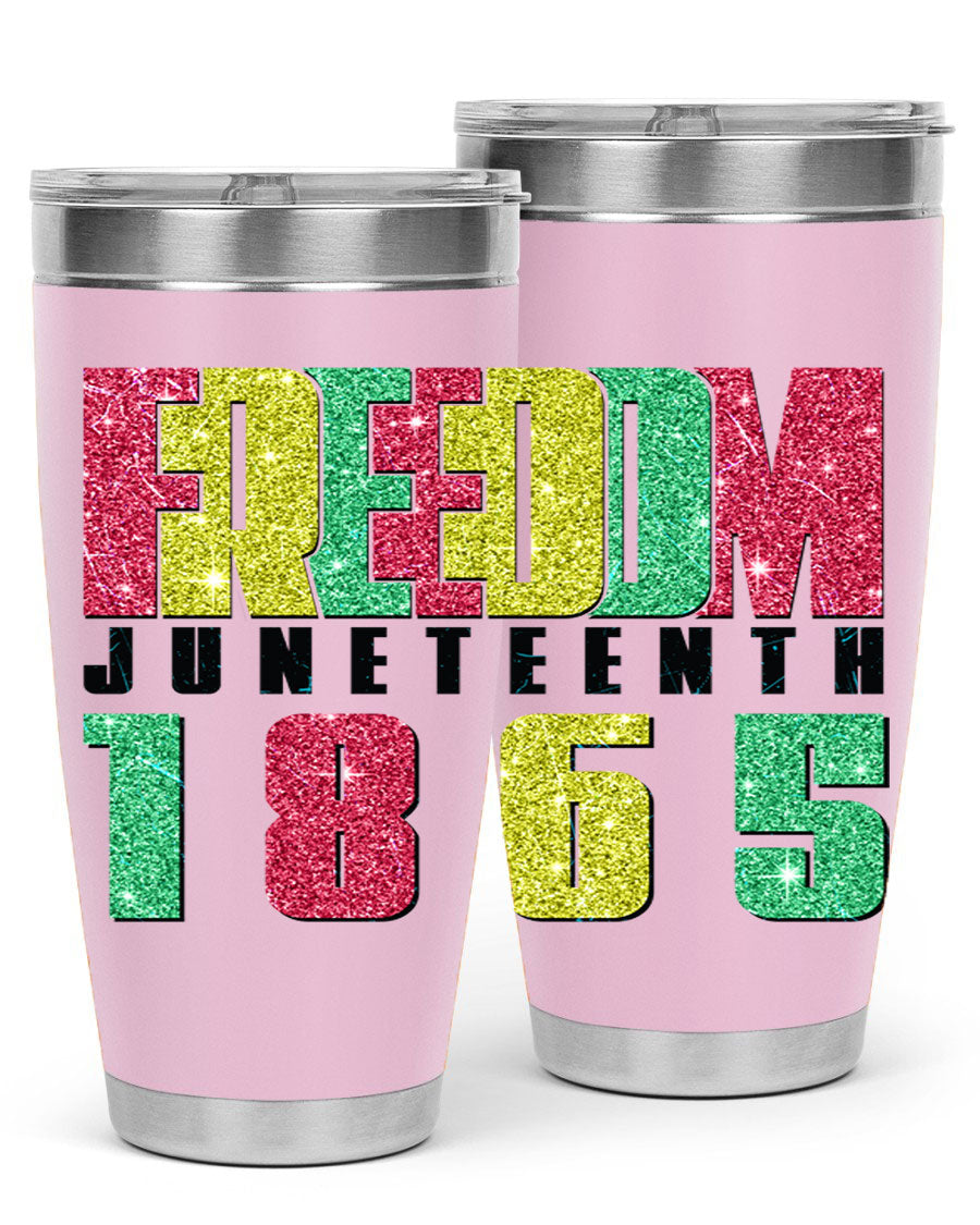 Freedom Juneteenth tumbler featuring a vibrant design celebrating Juneteenth, made of stainless steel with a drink-thru lid.