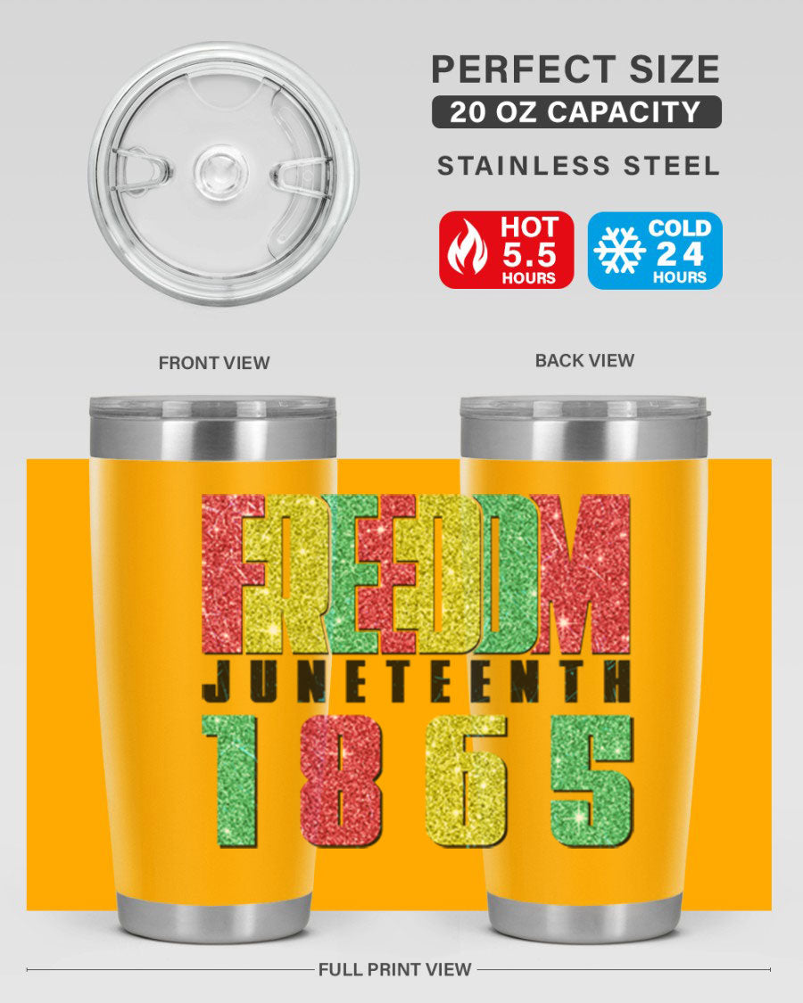 Freedom Juneteenth tumbler featuring a vibrant design celebrating Juneteenth, made of stainless steel with a drink-thru lid.