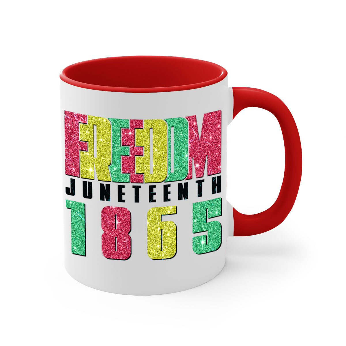 Freedom Juneteenth Since 1865 Design Mug with colorful handle and glossy finish, available in multiple colors and sizes.