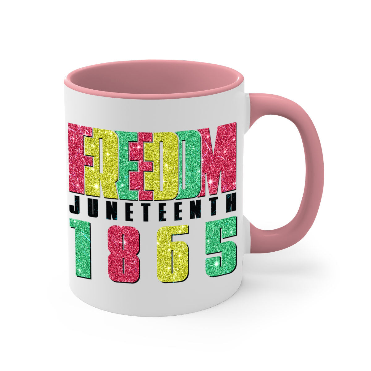 Freedom Juneteenth Since 1865 Design Mug with colorful handle and glossy finish, available in multiple colors and sizes.