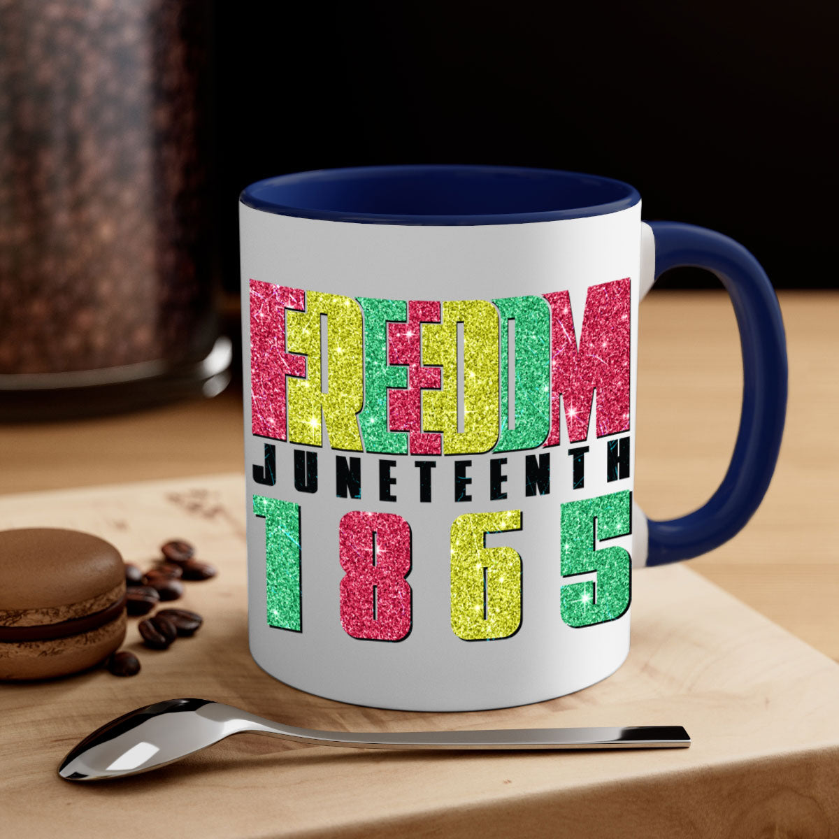 Freedom Juneteenth Since 1865 Design Mug with colorful handle and glossy finish, available in multiple colors and sizes.