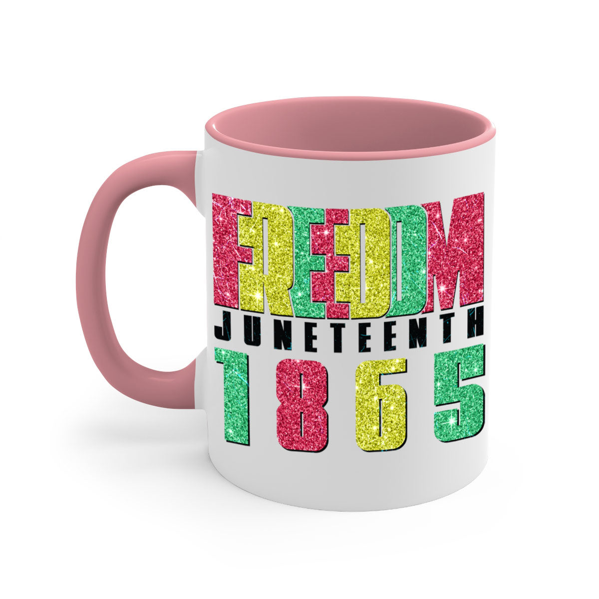 Freedom Juneteenth Since 1865 Design Mug with colorful handle and glossy finish, available in multiple colors and sizes.
