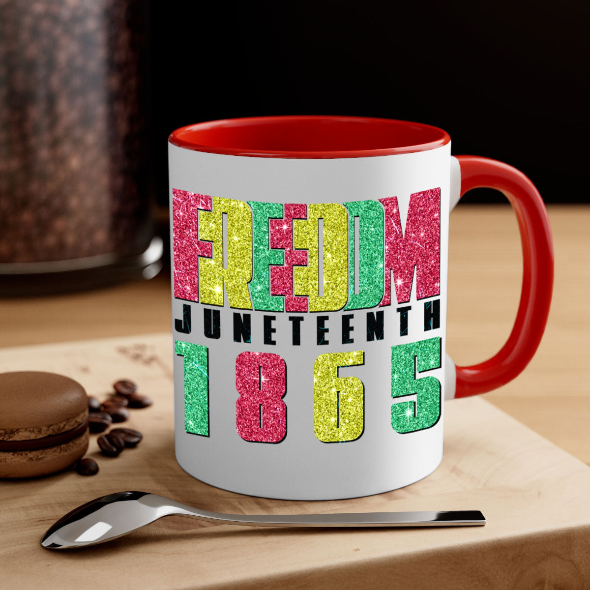 Freedom Juneteenth Since 1865 Design Mug with colorful handle and glossy finish, available in multiple colors and sizes.
