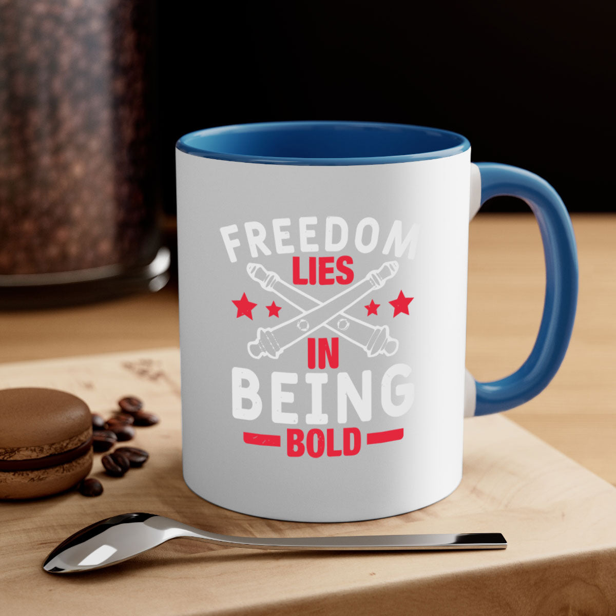 Freedom lies in being Bold Style 8# Mug with colorful handle and glossy finish, available in multiple colors and sizes.