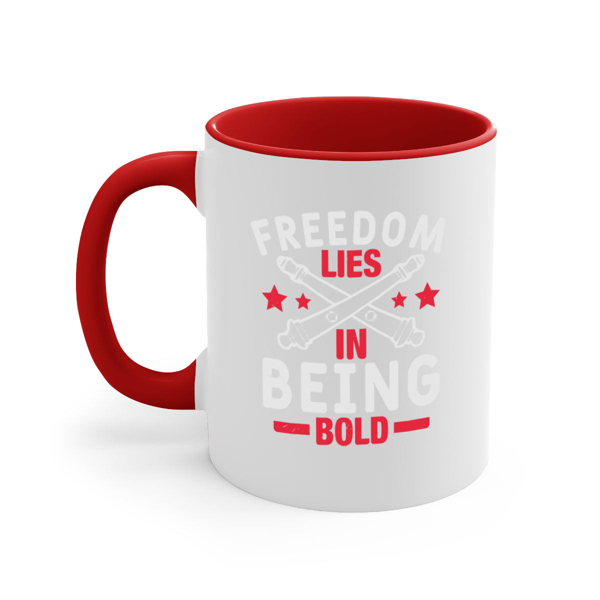 Freedom lies in being Bold Style 8# Mug with colorful handle and glossy finish, available in multiple colors and sizes.