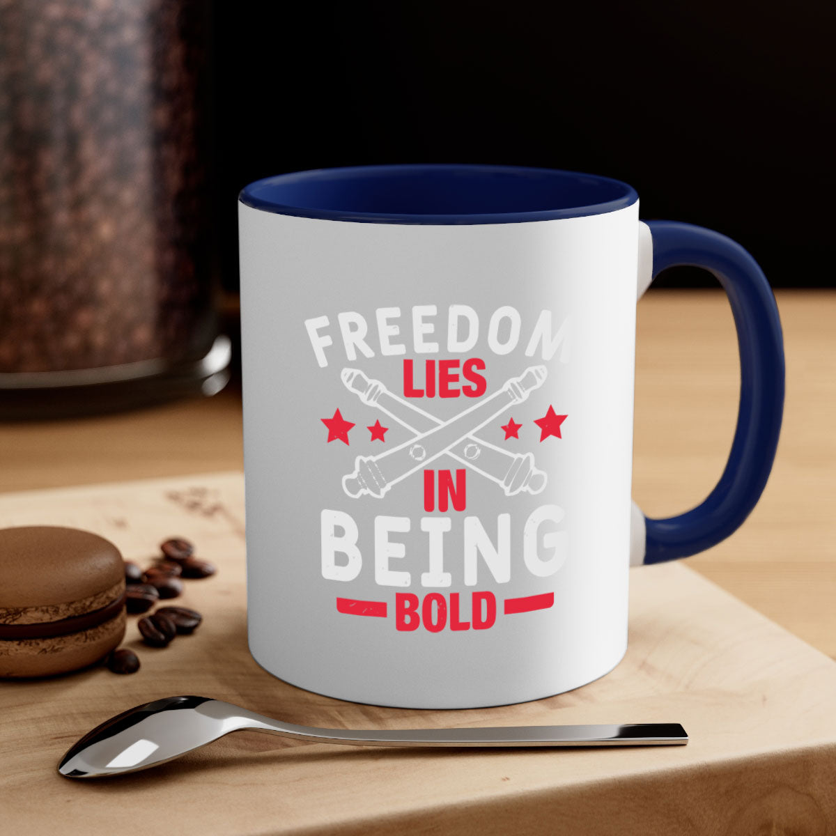 Freedom lies in being Bold Style 8# Mug with colorful handle and glossy finish, available in multiple colors and sizes.