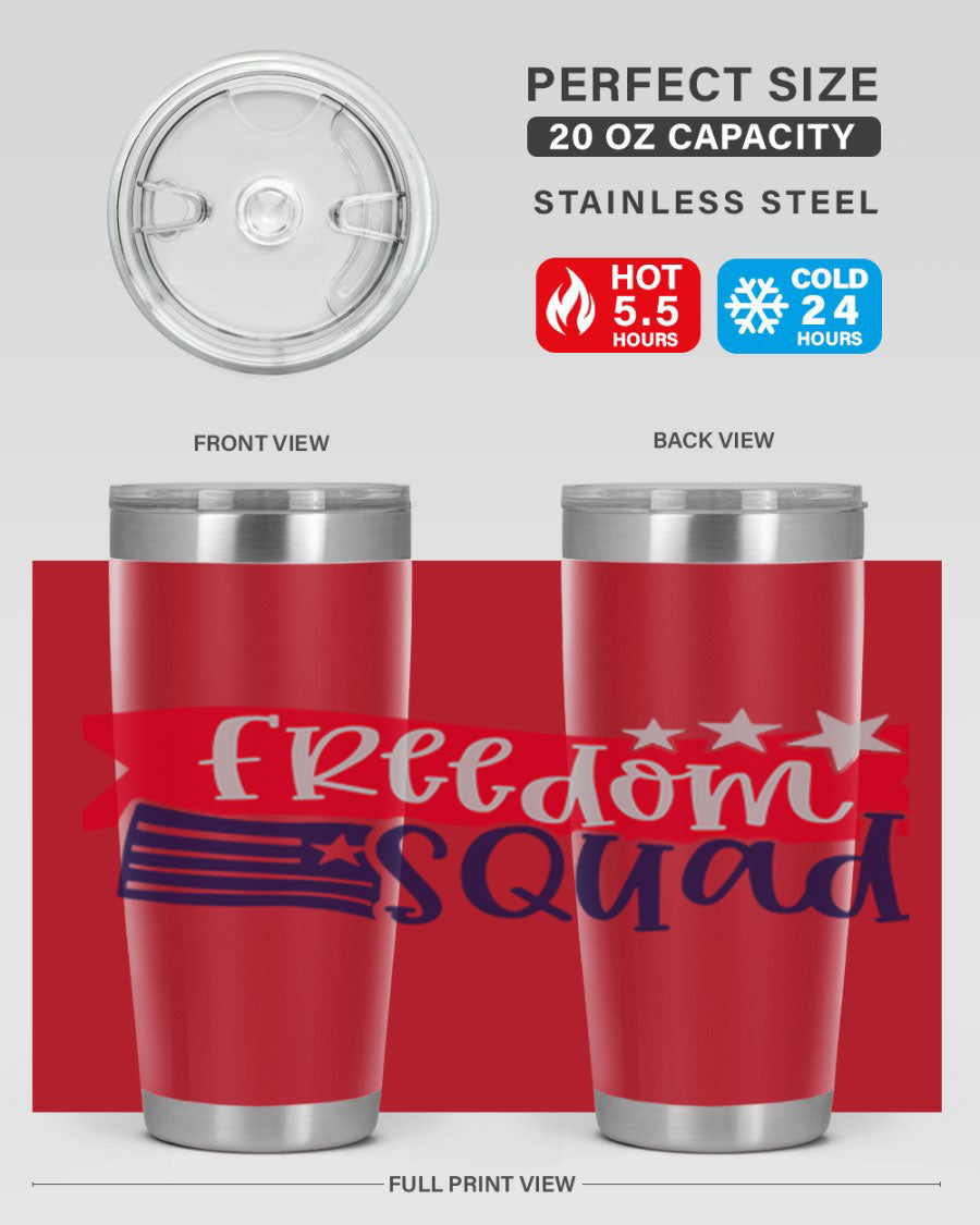 Freedom Squad Style 149# 20oz tumbler featuring a patriotic design, made from stainless steel with a drink-thru lid.