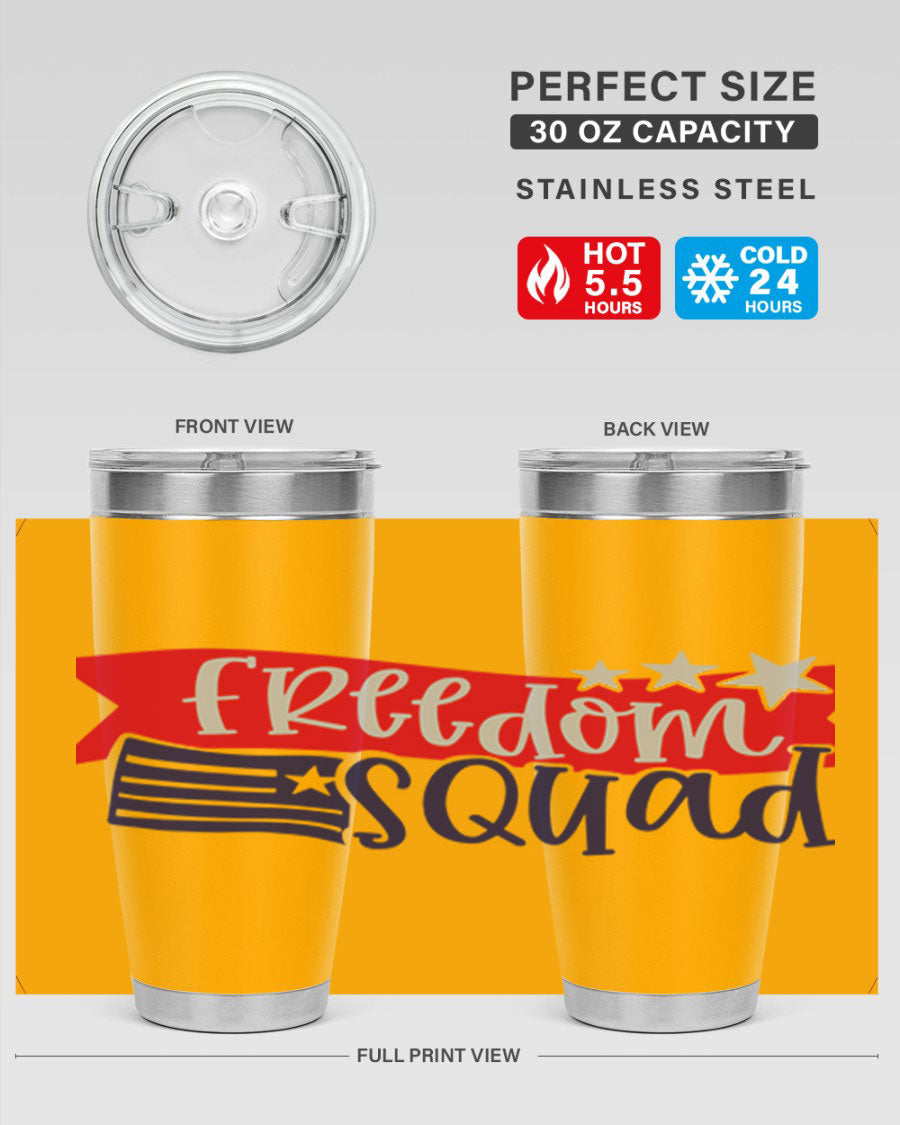 Freedom Squad Style 149# 20oz tumbler featuring a patriotic design, made from stainless steel with a drink-thru lid.