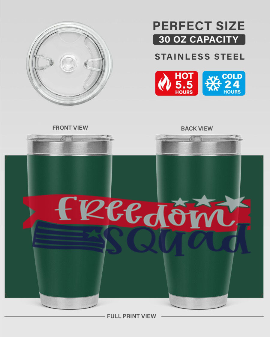 Freedom Squad Style 149# 20oz tumbler featuring a patriotic design, made from stainless steel with a drink-thru lid.