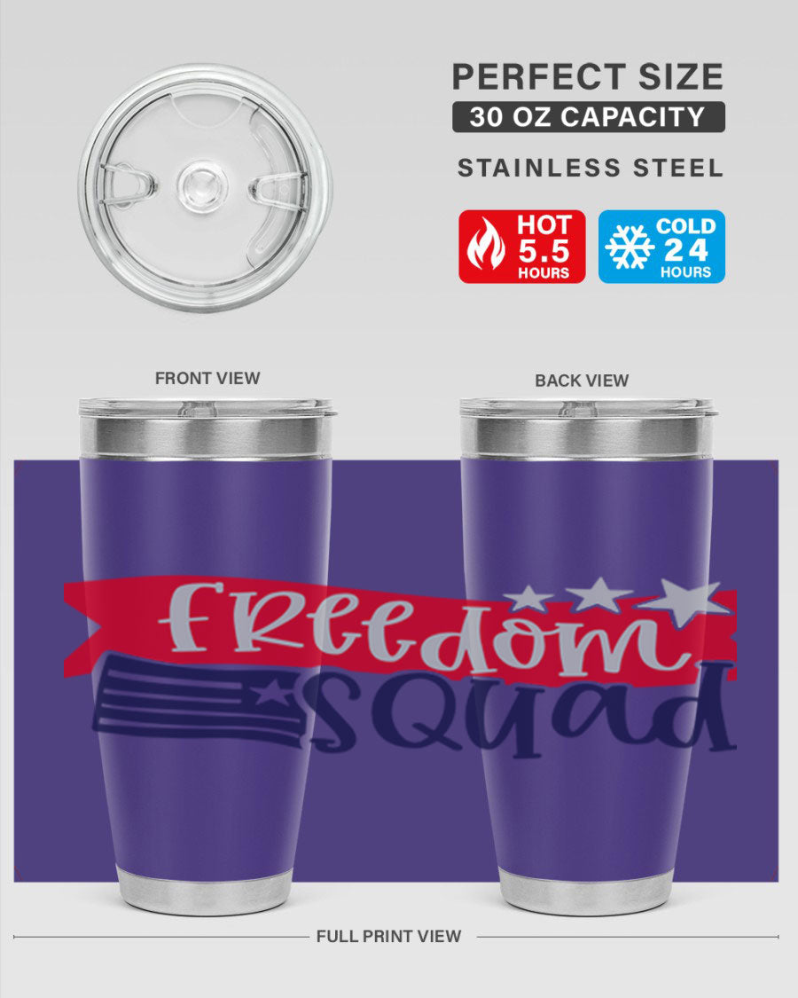 Freedom Squad Style 149# 20oz tumbler featuring a patriotic design, made from stainless steel with a drink-thru lid.
