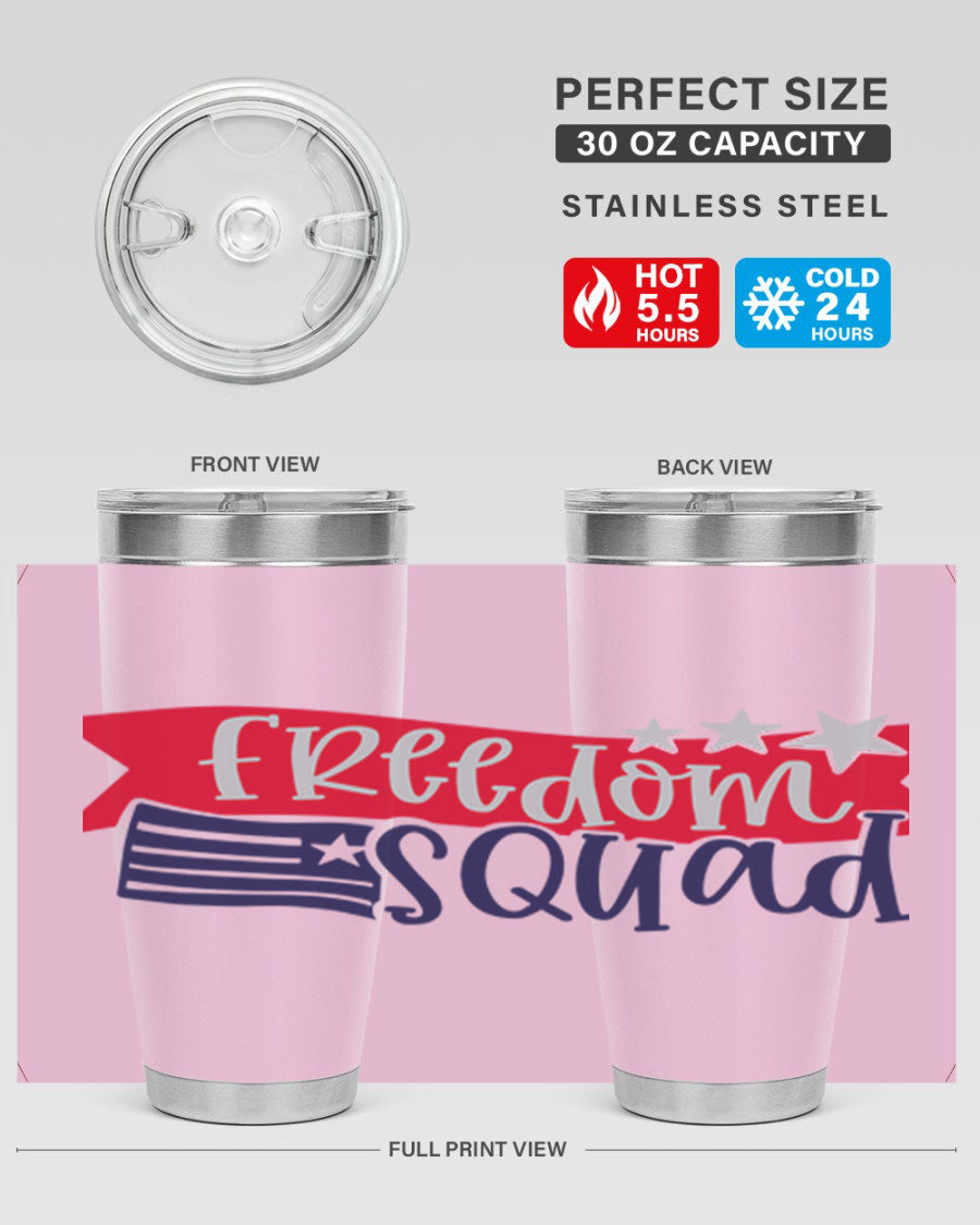 Freedom Squad Style 149# 20oz tumbler featuring a patriotic design, made from stainless steel with a drink-thru lid.