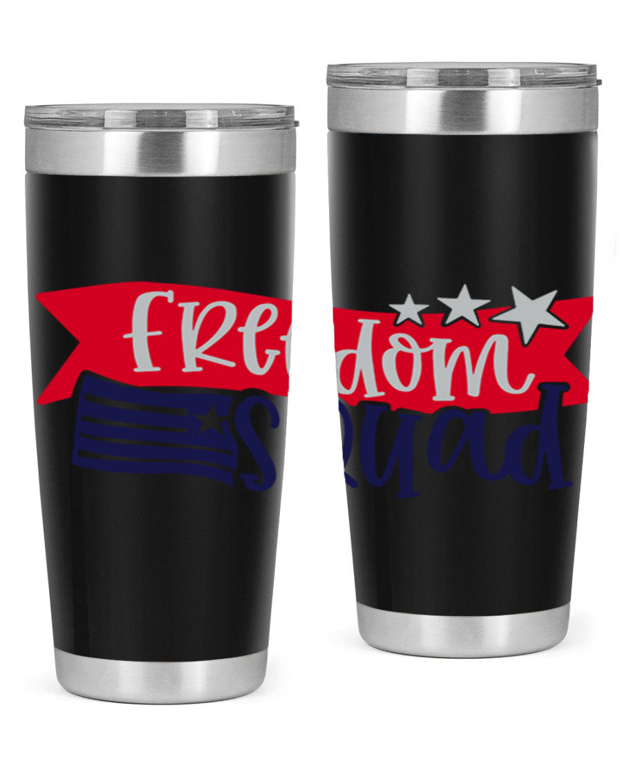 Freedom Squad Style 149# 20oz tumbler featuring a patriotic design, made from stainless steel with a drink-thru lid.