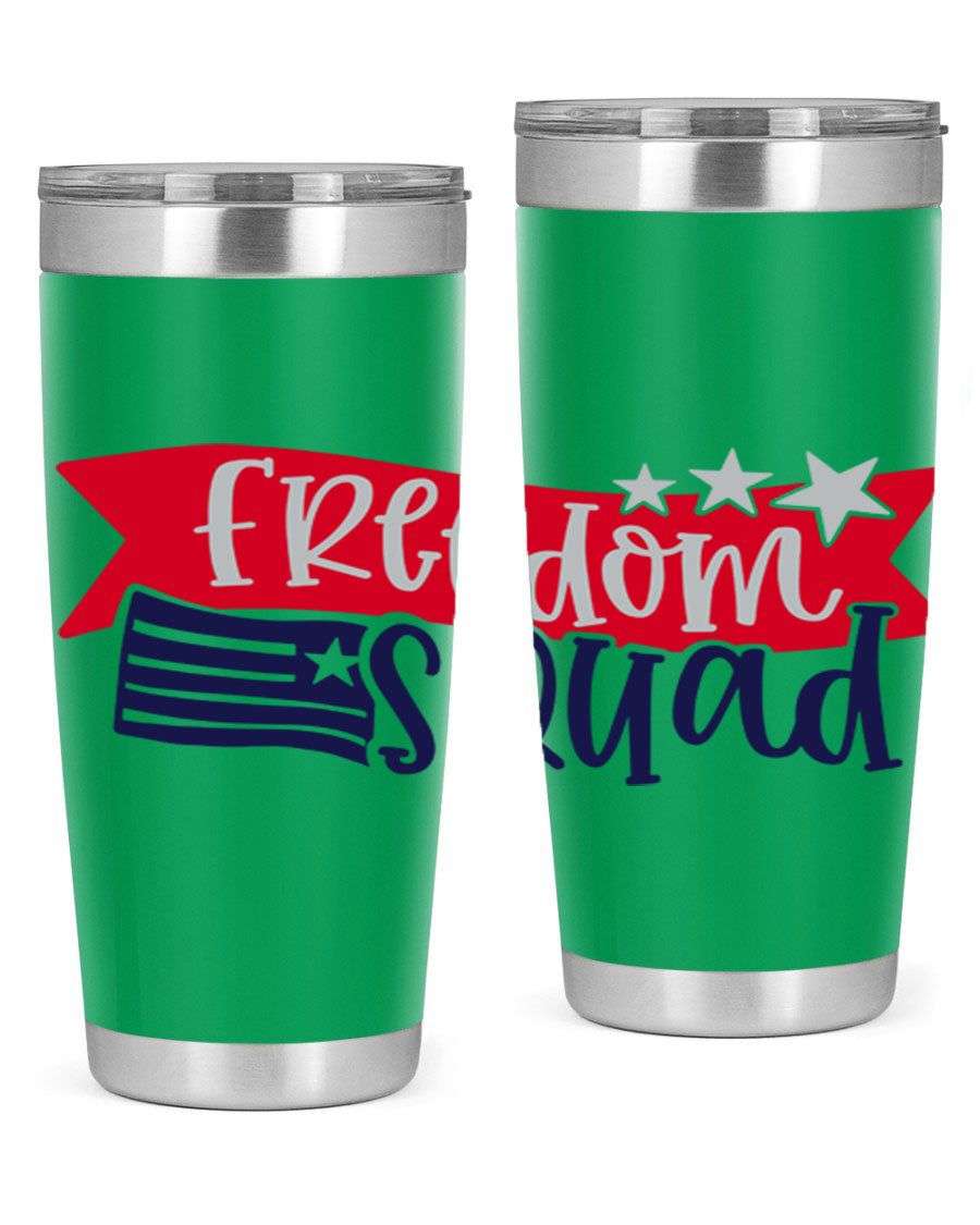 Freedom Squad Style 149# 20oz tumbler featuring a patriotic design, made from stainless steel with a drink-thru lid.