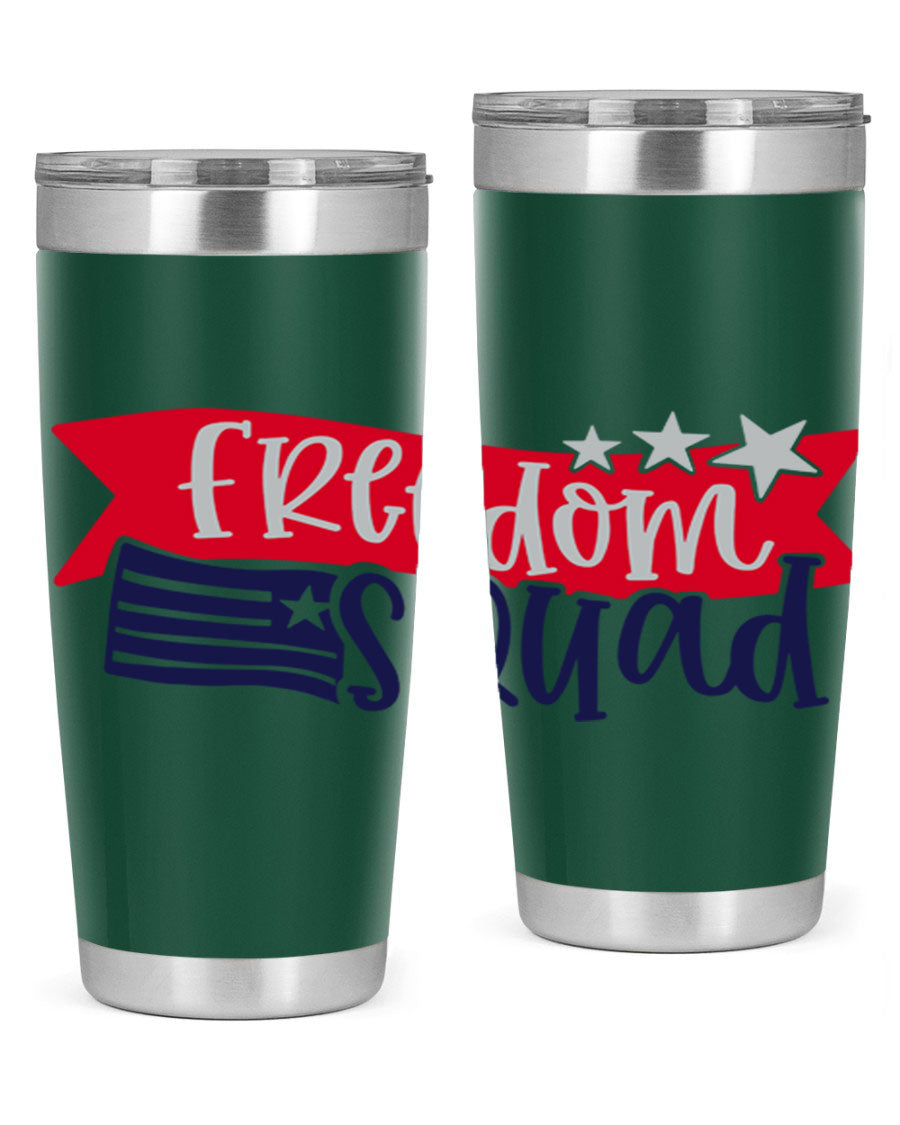 Freedom Squad Style 149# 20oz tumbler featuring a patriotic design, made from stainless steel with a drink-thru lid.