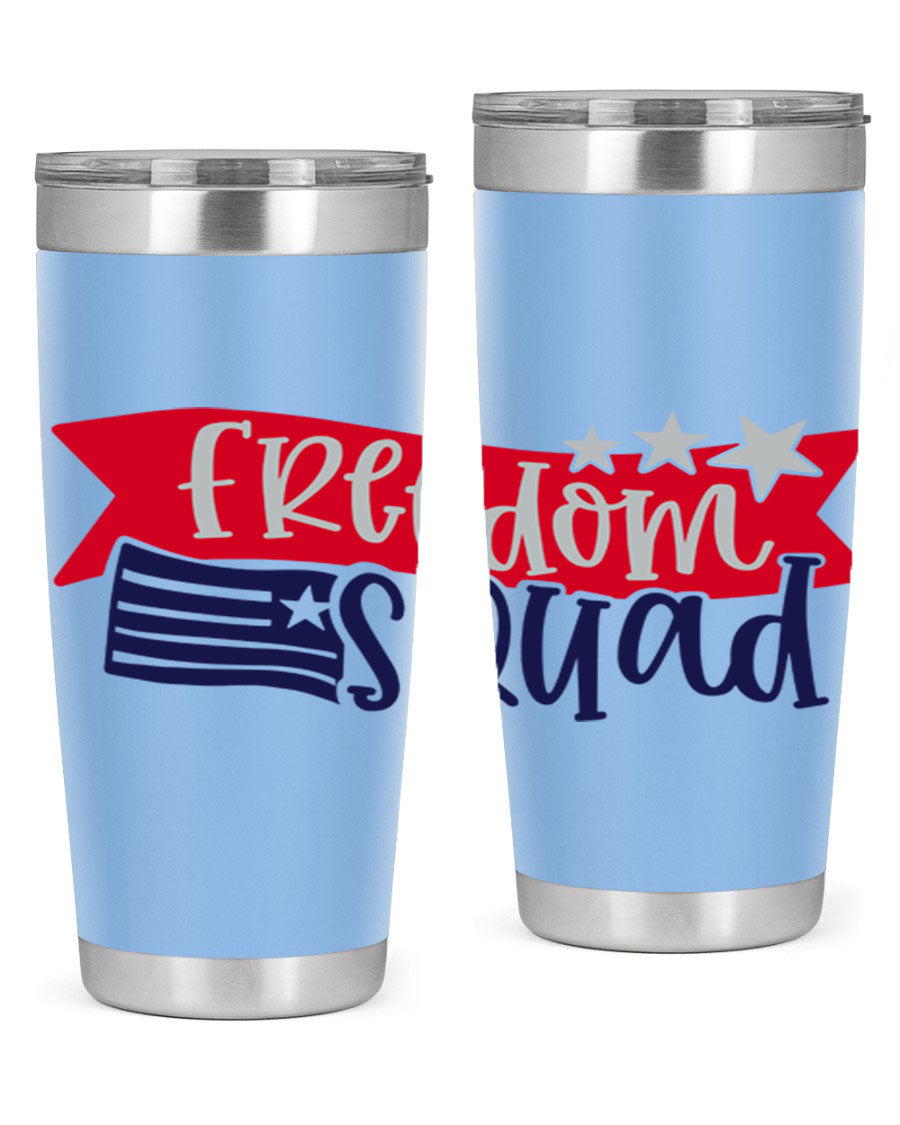 Freedom Squad Style 149# 20oz tumbler featuring a patriotic design, made from stainless steel with a drink-thru lid.