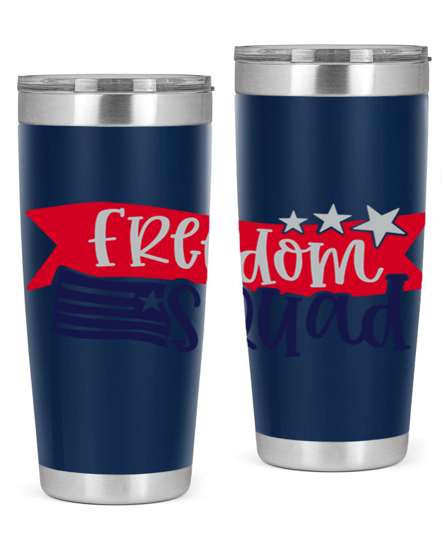 Freedom Squad Style 149# 20oz tumbler featuring a patriotic design, made from stainless steel with a drink-thru lid.