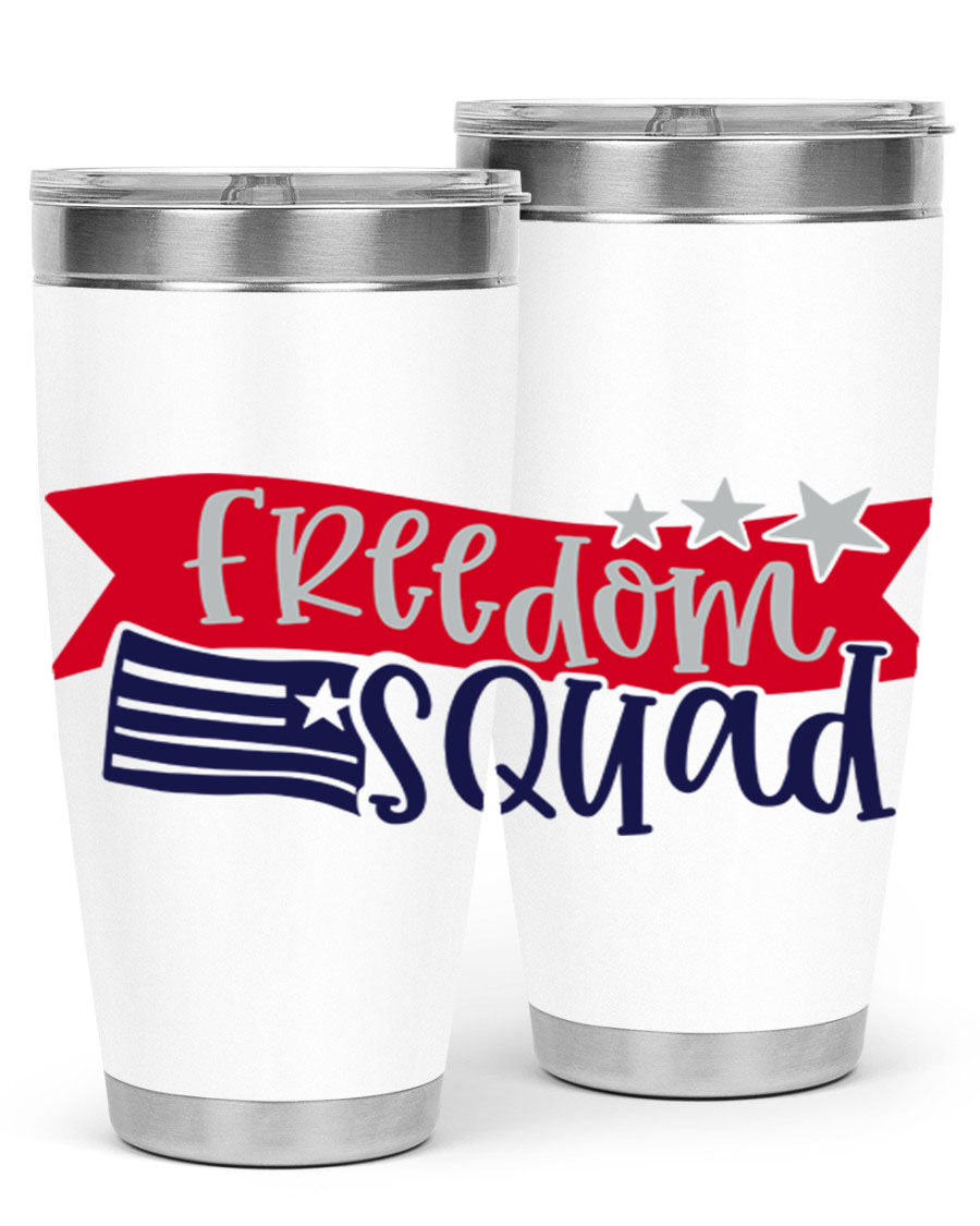 Freedom Squad Style 149# 20oz tumbler featuring a patriotic design, made from stainless steel with a drink-thru lid.